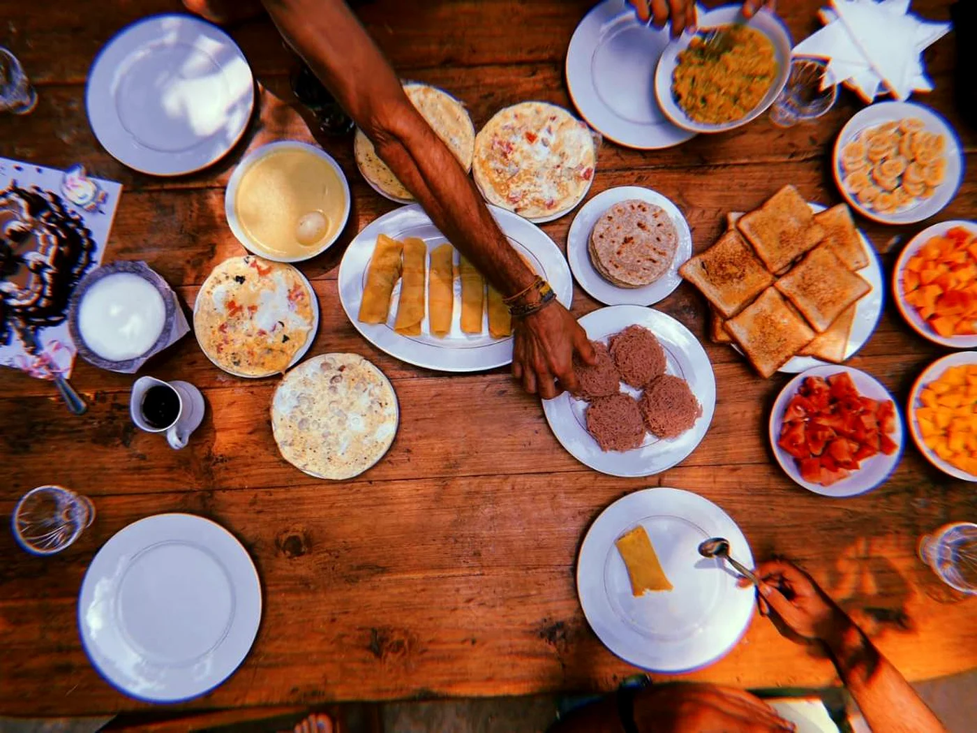 A home-cooked Sri Lankan rice and curry spread